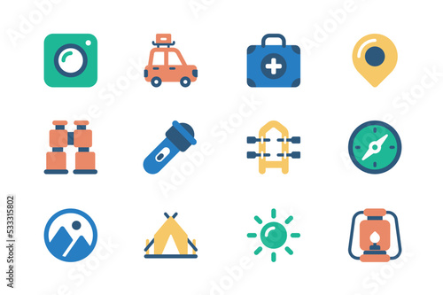 Camping concept of web icons set in simple flat design. Pack of photo camera, car, first aid kit, route, binoculars, flashlight, boat, compass, mountains and other. Vector pictograms for mobile app