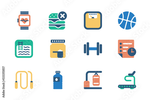 Fitness concept of web icons set in simple flat design. Pack of watch, healthy diet, weight, ball, pool, training, skipping rope, punching bag, treadmill and other. Vector pictograms for mobile app