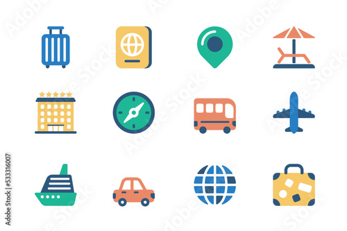 Travel vacation concept of web icons set in simple flat design. Pack of luggage, passport, location, beach relaxation, hotel, compass, bus, airplane, ship and other. Vector pictograms for mobile app
