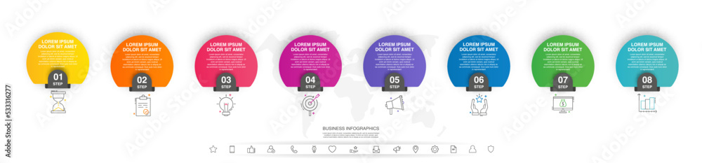 Vector infographic design template. Modern timeline concept with 8 steps, circles. Vector illustration used for diagram, workflow layout, banner, webdesign Vector infographic design template. Modern timeline concept with 8 steps, circles. Vector illustration used for diagram, workflow layout, banner, webdesign