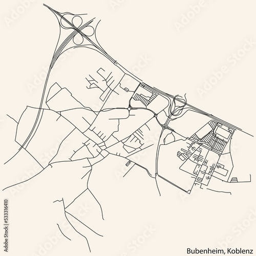 Detailed navigation black lines urban street roads map of the BUBENHEIM QUARTER of the German regional capital city of Koblenz, Germany on vintage beige background photo