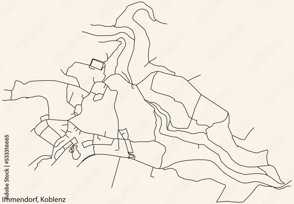 Detailed navigation black lines urban street roads map of the IMMENDORF QUARTER of the German regional capital city of Koblenz, Germany on vintage beige background Detailed navigation black lines urban street roads map of the IMMENDORF QUARTER of the German regional capital city of Koblenz, Germany on vintage beige background