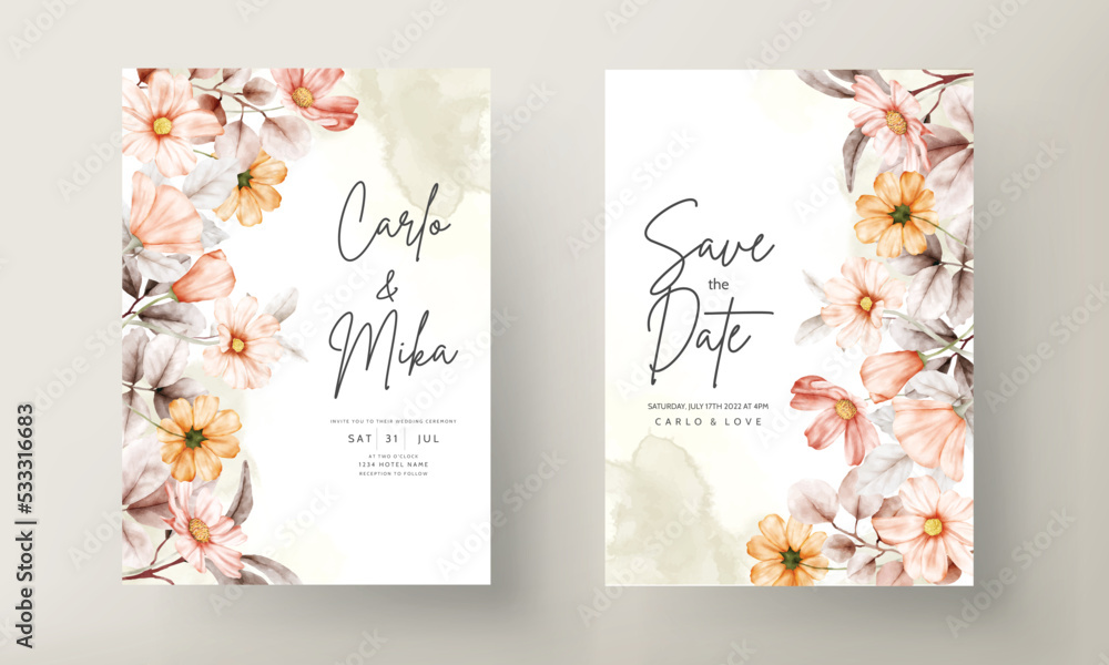 Fototapeta premium Beautiful floral wedding invitation card with coral color