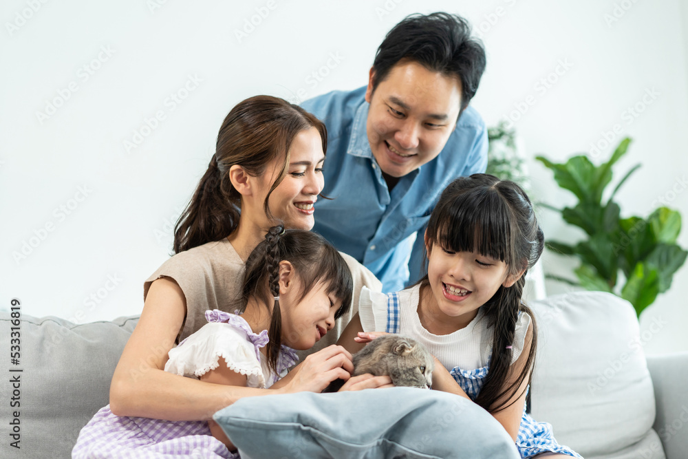 Asian loving couple and young daughter stroking a cat in living room. 