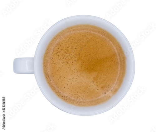 Top view of a cup of coffee, isolated.