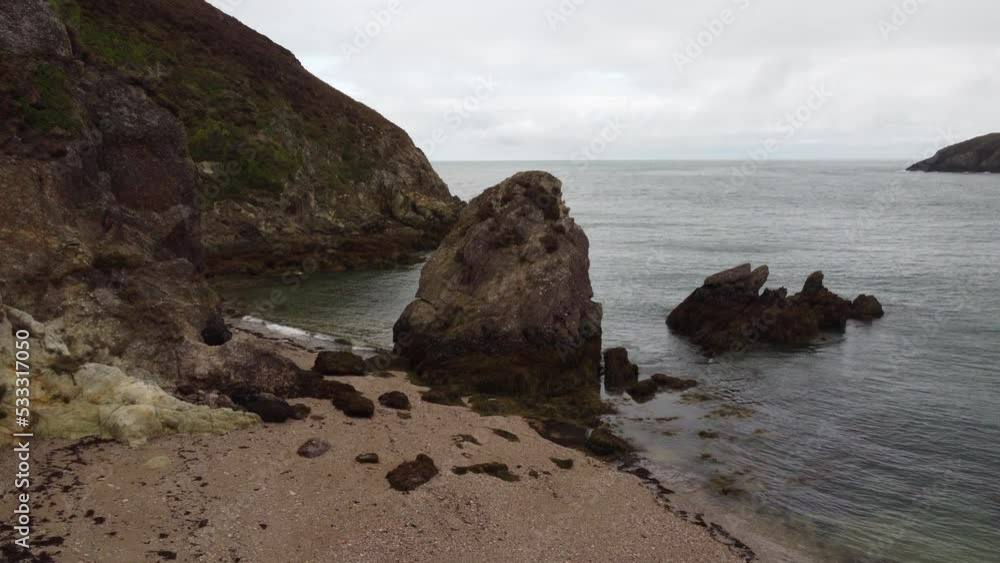 Crane Shot Of Distinctive Seascape Scenery Porth Wen Beach, United Kingdom Crane Shot Of Distinctive Seascape Scenery Porth Wen Beach, United Kingdom