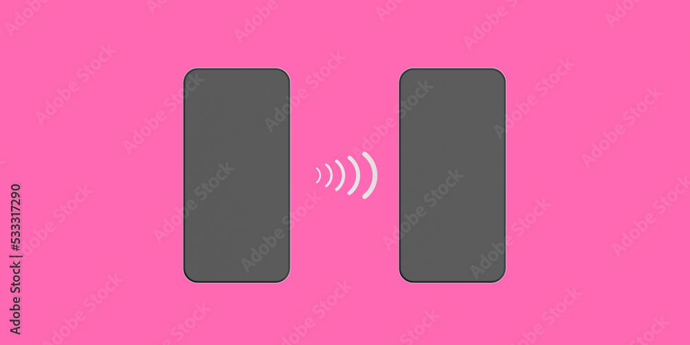 Two smartphones on a pink background. Communication between two devices. Data transfer between two gadgets using wireless networks. Banner for insertion into site. 3d image. 3D visualization