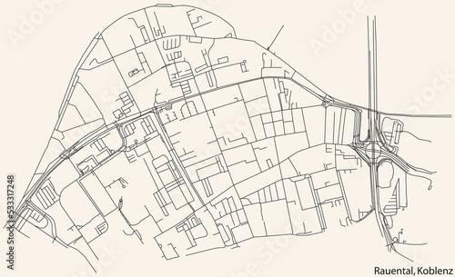 Detailed navigation black lines urban street roads map of the RAUENTAL QUARTER of the German regional capital city of Koblenz, Germany on vintage beige background