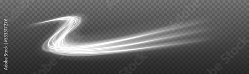 Curve light effect of motion wave. Dynamic white trail, fire path trace line, car lights, optic fiber and incandescence curve twirl. Sparkling translucent comet bokeh. Neon vector speed flying trails 