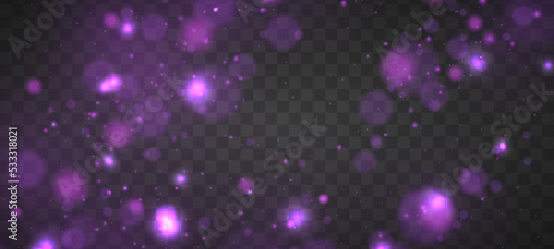 Colorful purple bokeh effect. Abstract Christmas texture glitter blur. Pink sparks vector firework explosion. Violet defocused sparkle lights on transparent background. Cosmic dust with glowing flares