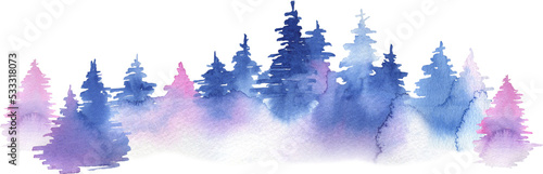 Watercolor illustrated blue and purple winter forest. Christmas holiday decor. Isolated element for greeting card making.