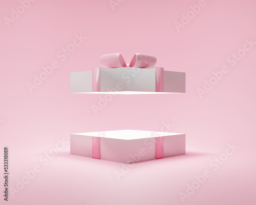 Surprise gift box 3d pink background with open present Christmas pastel ribbon. 3d render for love valentine's day.