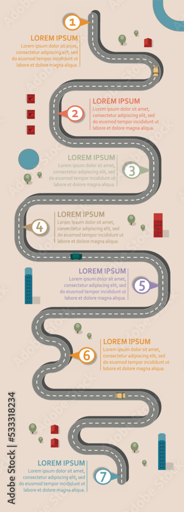 pastel coloured Business workflow roadmap, infographic flat lay style, background with 7 check points in 25:9 upright, long, high, panel, portrait