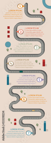 Obraz na płótnie pastel coloured Business workflow roadmap, infographic flat lay style, background with 7 check points in 25:9 upright, long, high, panel, portrait w salonie
