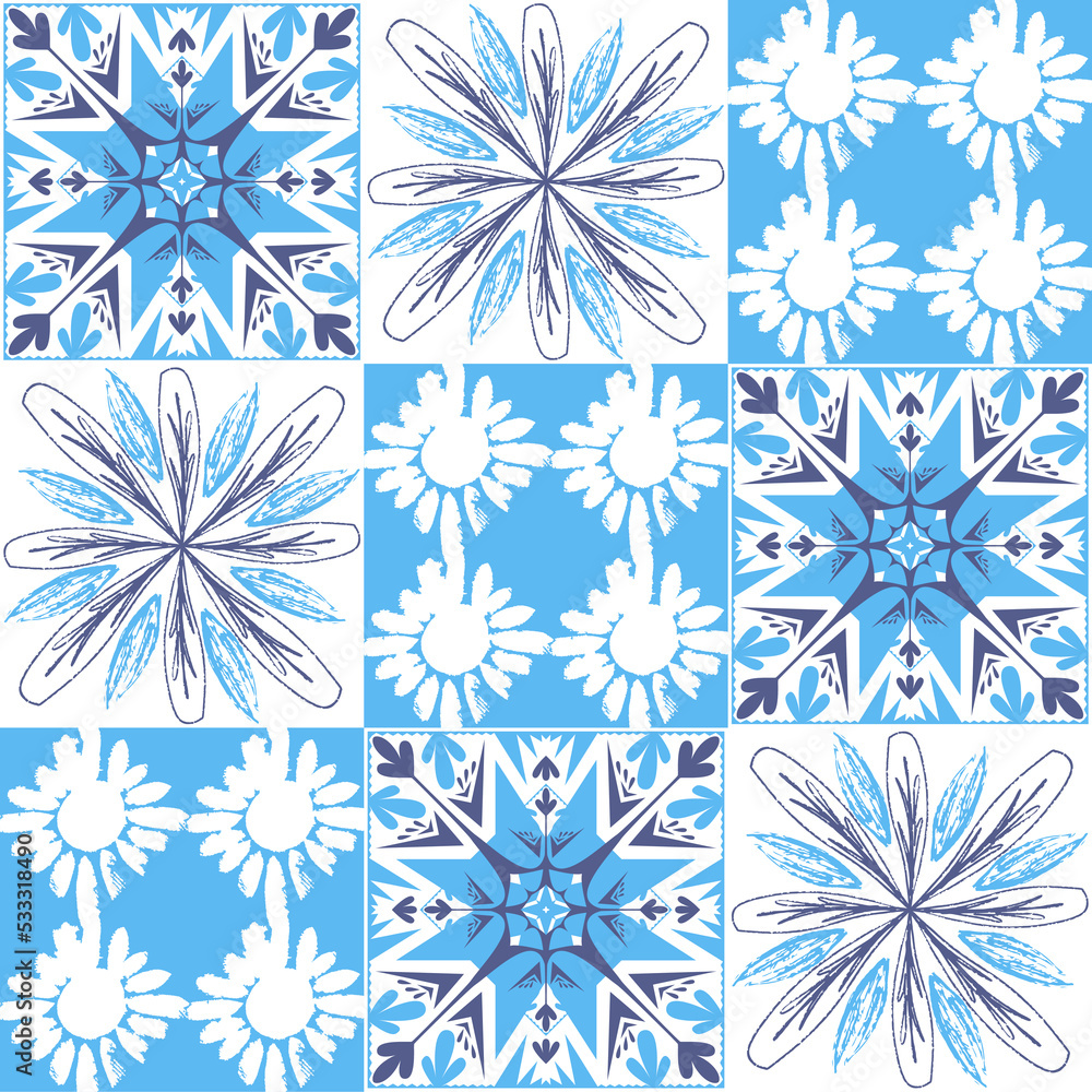 Mediterranean porcelain tiles, blue pattern for wall decoration, azulejo talavera spanish style geometric symmetrical illustration Mediterranean porcelain tiles, blue pattern for wall decoration, azulejo talavera spanish style geometric symmetrical illustration