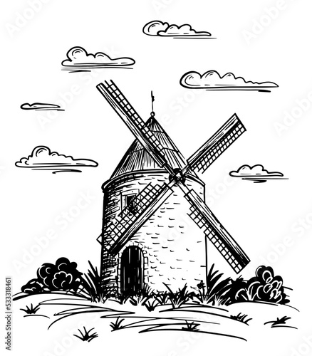 Black and white vector rural landscape in outline style. Illustration of a windmill in a field with clouds.