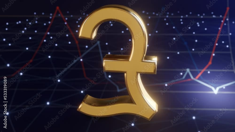 Sterling Pound Symbol in Gold color on Animated Dark Blue Background.. Money and blockchain concept. Sterling Pound Symbol in Gold color on Animated Dark Blue Background.. Money and blockchain concept.
