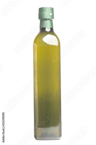 Bottle of fresh extra virgin olive oil isolated on white background