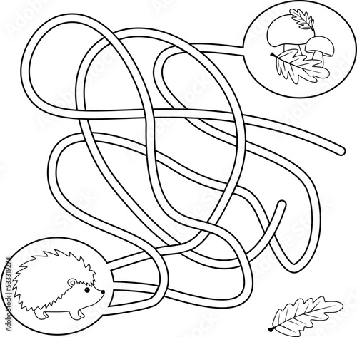 Help the hedgehog get to the mushrooms. Vector illustration of a maze for children. Black and white illustration. Coloring book