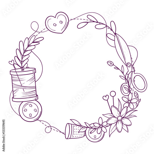 Circle banner template for hand made, knitting, sewing. Frame with sewing and knitting attributes in sketch style