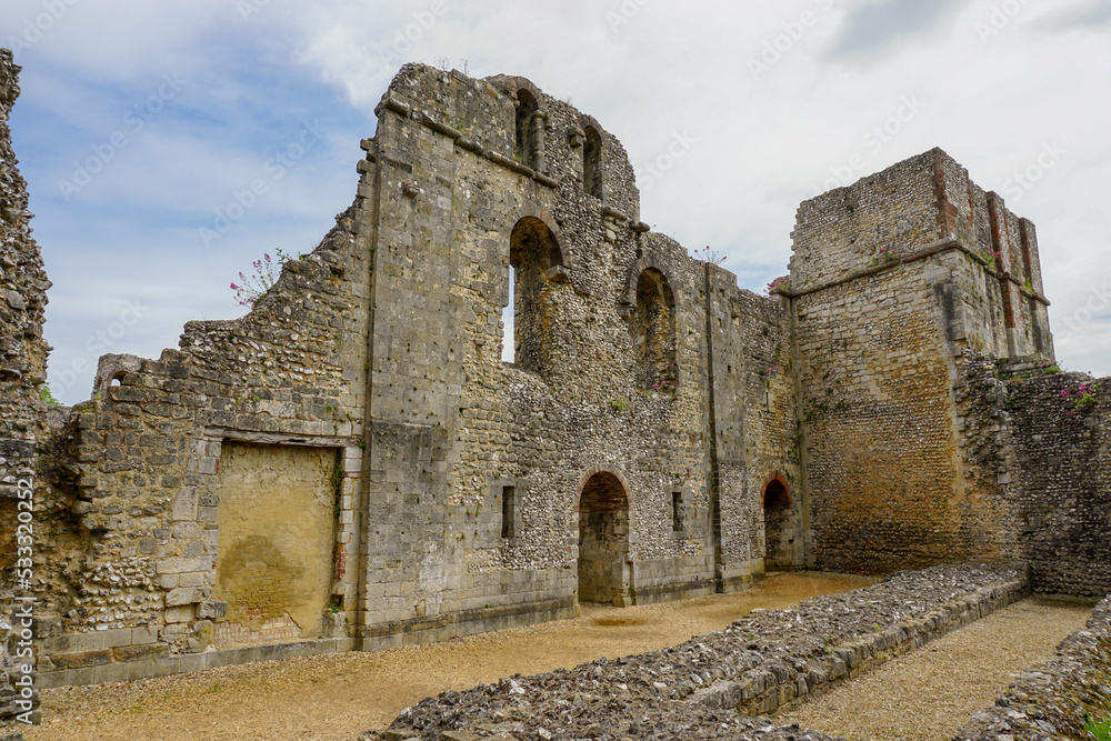 ancient ruins of Wolvesey castle in historic city of Winchester England. Stone ruin remains of Old Bishop's Palace 