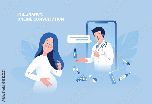 Worried pregnant young woman holding hand on her belly and communicating with doctor on web. Telemedicine, pregnancy, expecting baby and healthcare concept. Vector illustration.