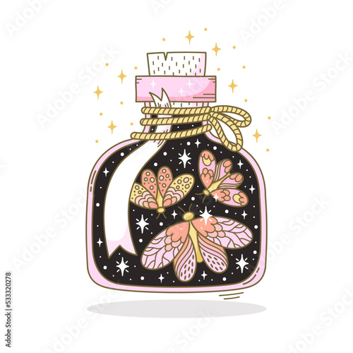 Hand drawn bottle with magic potion in fantasy style on white background. Doodle vector illustration of vial with scary occult objects like night moths.