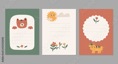 Modern cute animals cards set, birthday background with dog, cat and mouse, minimal scandinavian design