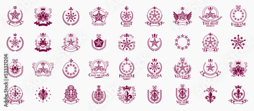 Heraldic Coat of Arms with stars vector big set, vintage antique heraldic badges and awards collection, symbols in classic style design elements, family or business logos.