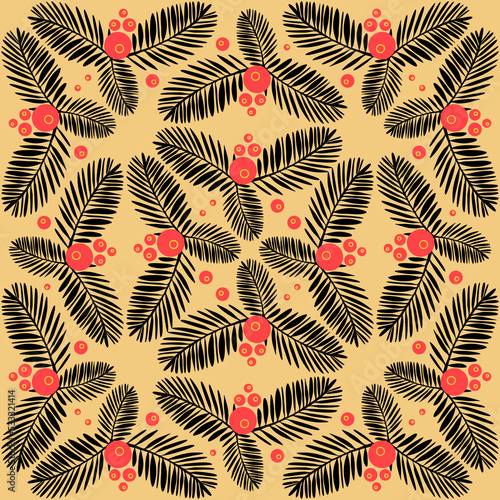 Tropical seamless pattern with palm leaves on yellow background, vector illustration