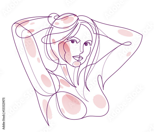 Woman beauty face vector linear illustration, delicate line art of attractive girl portrait, abstract feminine drawing minimal style isolated.
