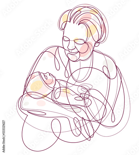 Grandmother and baby child grandson or granddaughter vector linear illustration isolated, grandma holding baby showing love and care.