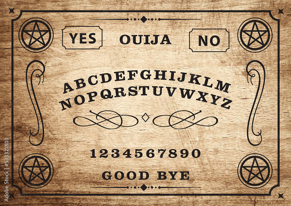 Ouija Board Planchette on wooden texture. Halloween play with calling souls and demons. Party poster. Graphic, caligraphy, typography, alphabet, letters, numbers.
