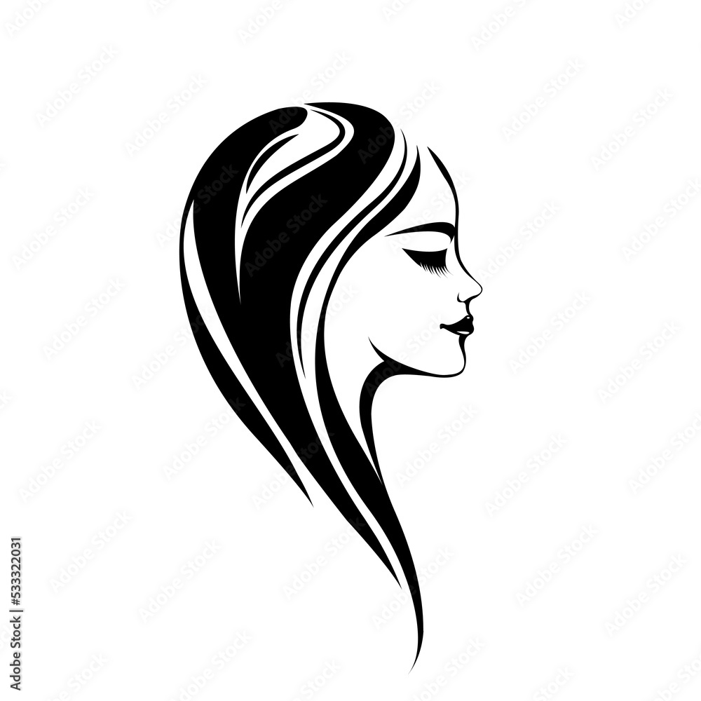 Beauty salon logo woman face.Hair studio, makeup illustration.Fashion, cosmetics, spa icon isolated on light background.Young lady portrait.Beautiful long, wavy hairstyle model.Luxury,glamour style. Beauty salon logo woman face.Hair studio, makeup illustration.Fashion, cosmetics, spa icon isolated on light background.Young lady portrait.Beautiful long, wavy hairstyle model.Luxury,glamour style.