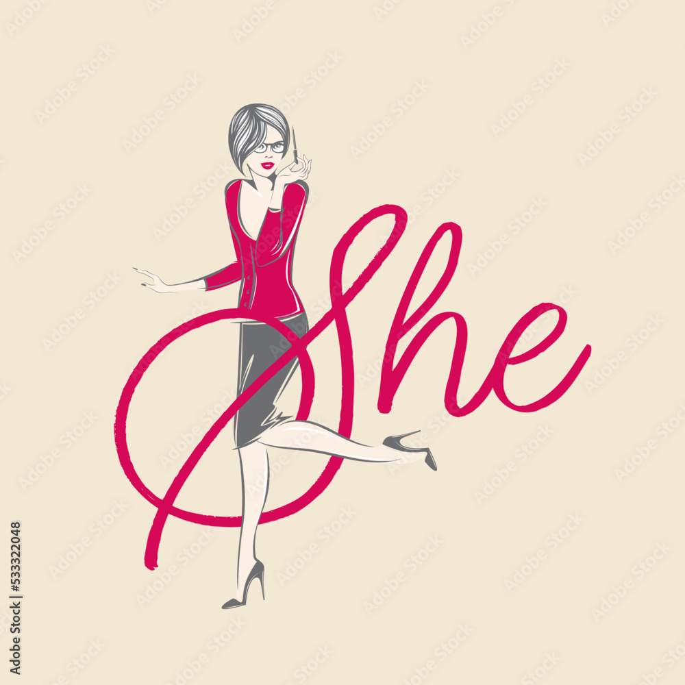 Woman illustration.Elegant portrait and silhouette.Modern hairstyle, trendy clothing, high heels shoes.Young lady, beautiful model face.Luxury,glamour style.Bright pink color calligraphy.