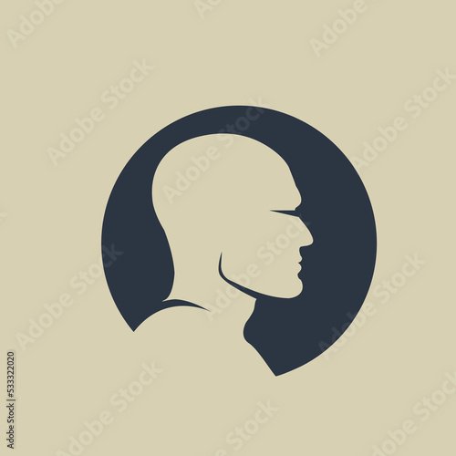 Man head logo.Bald male portrait.Circle emblem isolated on light fund.Profile view face.Negative space silhouette.Strong, masculine style icon.