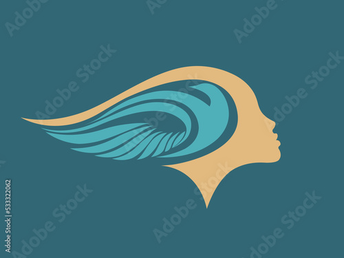 Woman and bird logo concept. Mindfulness, lifestyle, freedom icon. Dreamy style illustration isolated on dark background.Profile view portrait.Girl face silhouette.