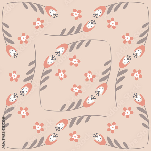 Pink flower gray pastel color seamless pattern, bellflower campanula background vector illustration