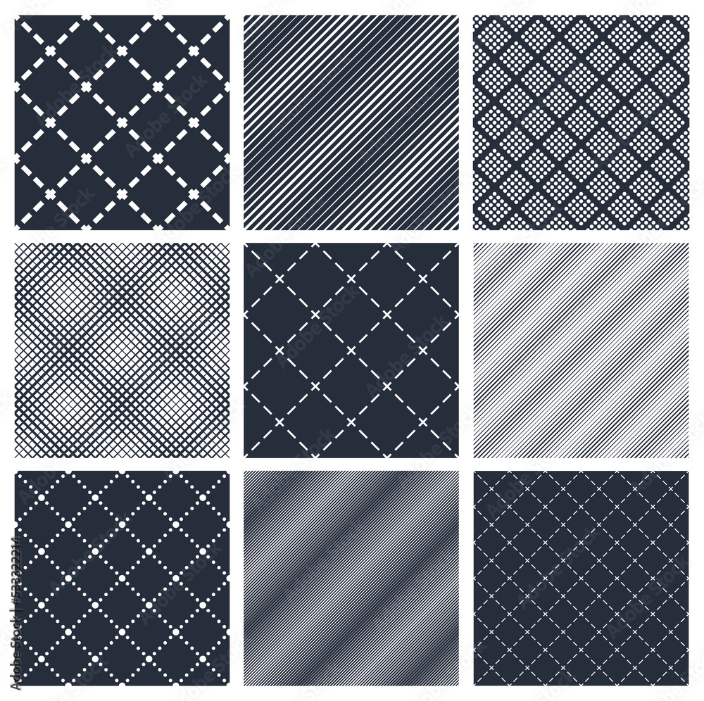 Geometric seamless patterns set, abstract minimalistic and simple lined and dotted backgrounds, wallpapers for web design and print. Black and white swatches.