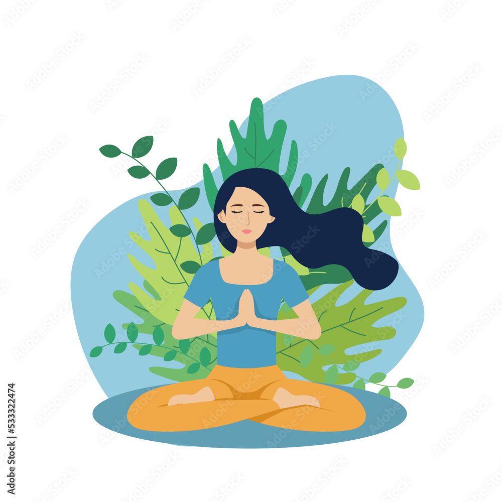 illustration woman sitting yoga on fresh green plant background