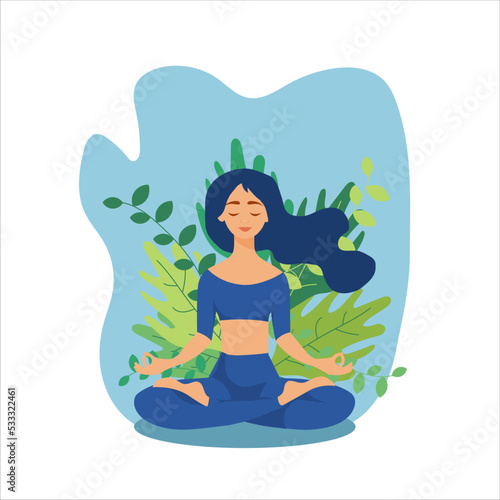 illustration woman sitting yoga on fresh green plant background