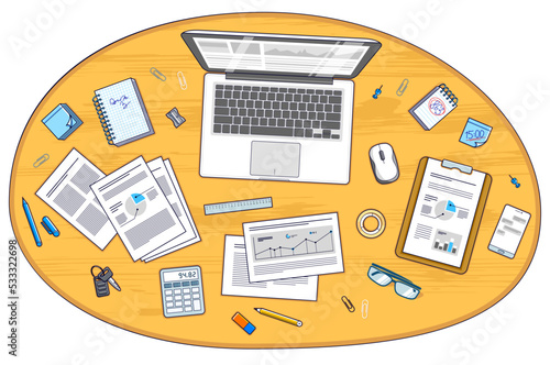 Work desk workspace top view with PC notebook and analytics papers with graphs and data and stationery objects on table. All elements are easy to use separately or recompose illustration. Vector. photo