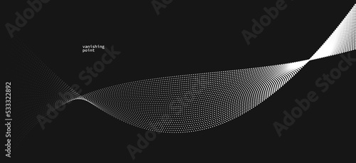 Wave of flowing vanishing particles vector abstract background, curvy lines dots in motion over black relaxing illustration, smoke like image.