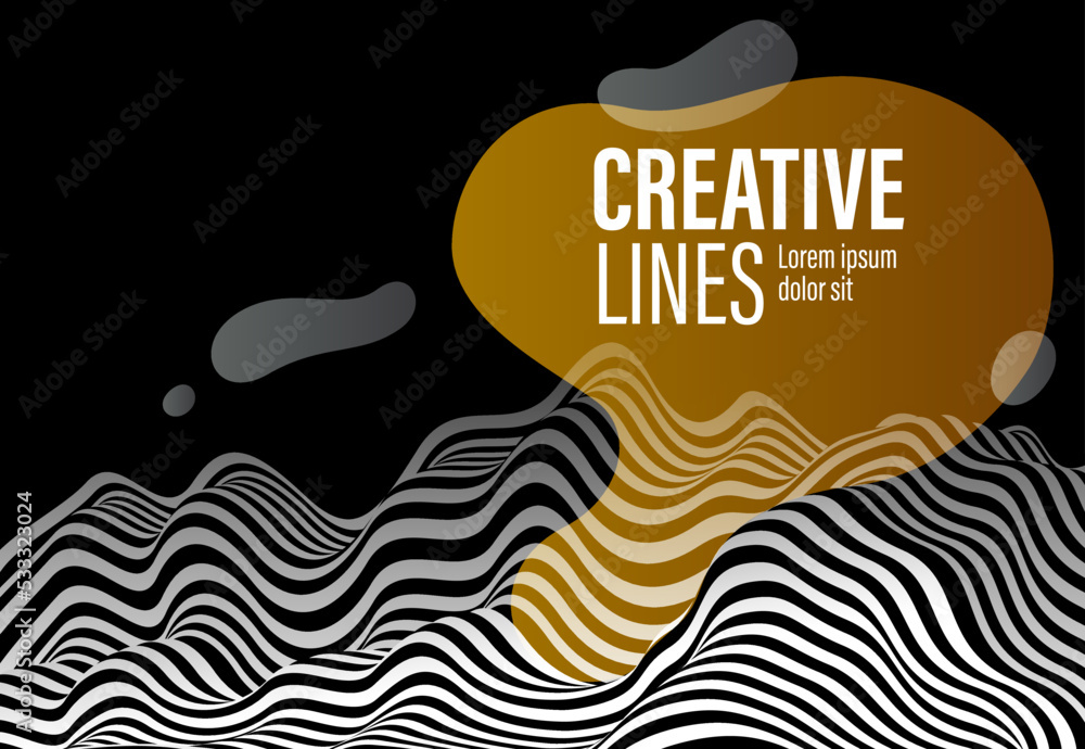 Abstract vector 3D lines with yellow fluid splat background, black and white curves linear perspective dimensional terrain optical pattern.