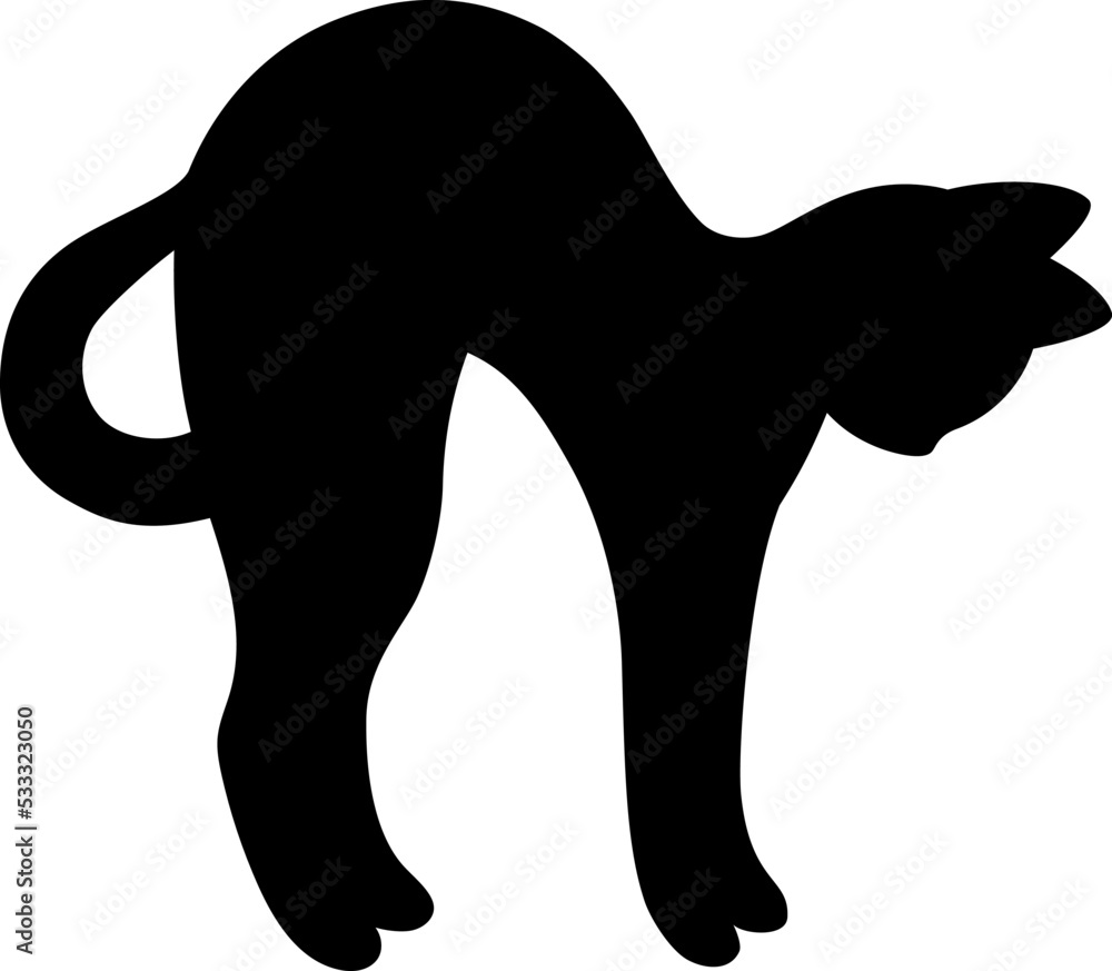 Isolated black silhouette of standing arching cat on white background. Flat cartoon cat pose. Isolated black silhouette of standing arching cat on white background. Flat cartoon cat pose.
