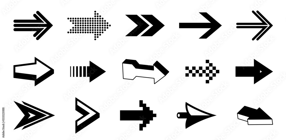 Diverse arrow cursors vector set, different shapes styles and concepts arrows single color monochrome graphic design elements for icons or logos. Diverse arrow cursors vector set, different shapes styles and concepts arrows single color monochrome graphic design elements for icons or logos.