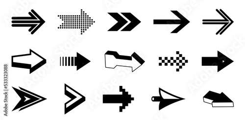Diverse arrow cursors vector set, different shapes styles and concepts arrows single color monochrome graphic design elements for icons or logos.