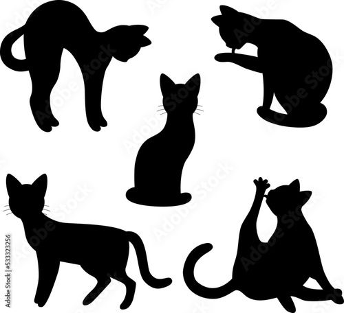 Set of silhouette of cats. Isolated black silhouette of standing, sitting, washing, playing cat on white background.