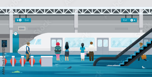 Heavy rain flooded the subway station where passengers were waiting.