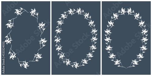 Vector funeral card template with oval frame for photo. Funeral wreaths. Mourning borders.
